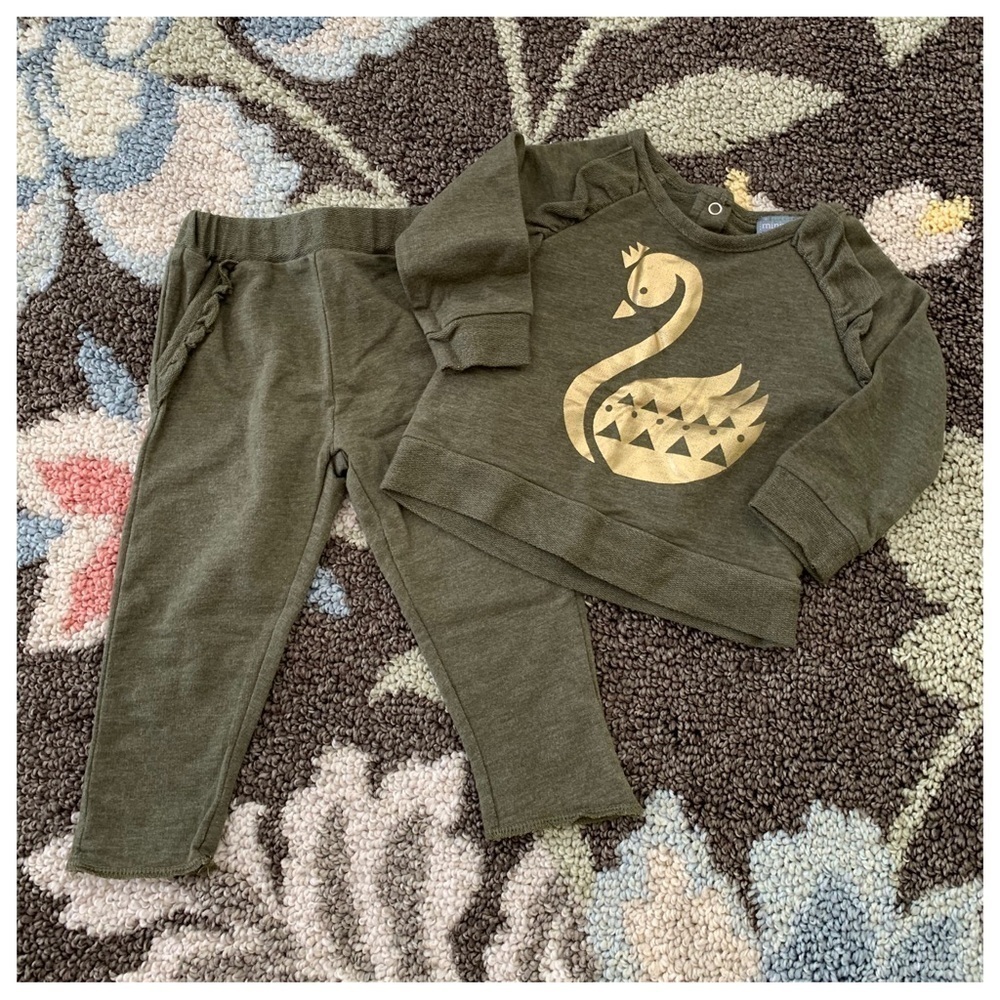 Miniville Gold Metallic Swan Ruffles Sweatshirt Pants Set Baby Girl 12 Months
